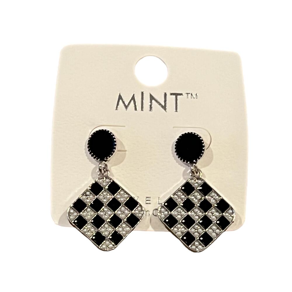Earring Black and Silver Checkerboard Patterned Trendy Earrings Gambit Baddie
